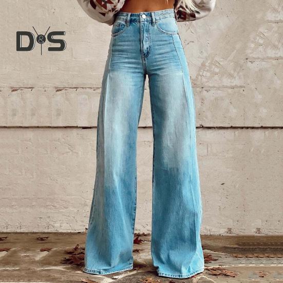 Pantalon large taille haute pour femme, imprimé 3D, décontracté, avec poches, fermeture éclair et boutons, en denim