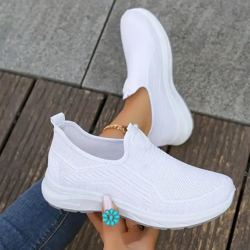 Women's Casual Mesh Sneakers - Breathable Solid Color Slip-On Fashion Shoes Walking Footwear