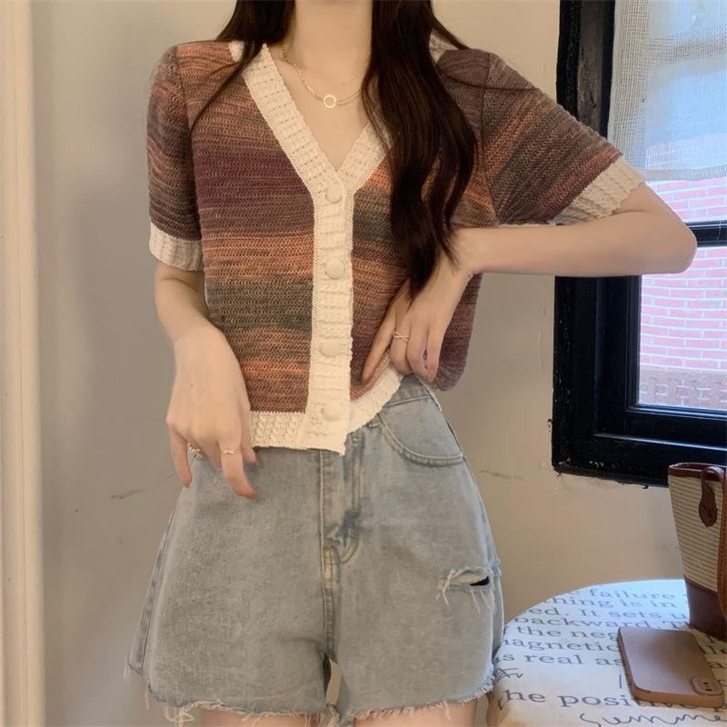 Color Blocking Tie Dye V-neck Temperament Small Fragrance Style Short Sleeved Knitted Shirt Loose Slimming Short Top for Women In Summer