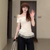 Summer Korean version irregular slanted shoulder splicing lace plaid hem top fashionable sweet and versatile waist short-sleeved women