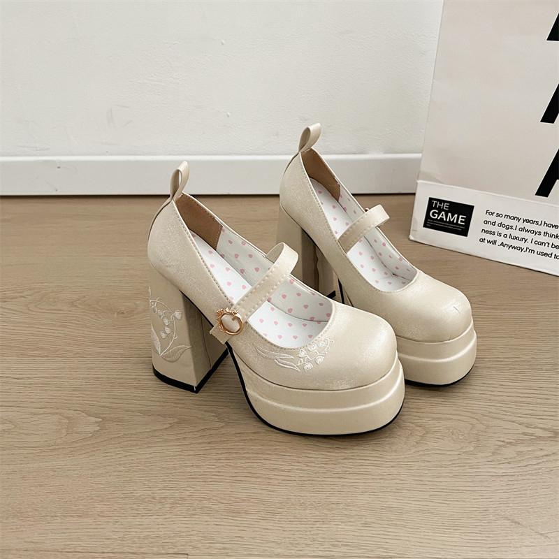 Fashion Spring New Mary Jane Single Shoes Women's Round Head Shallow Bow Thick Sole Anti-slip Wear-resistant High Heels