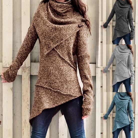 Vintage Women Autumn Winter Turtleneck Knitted Sweater Irregular Hem Slim Jumper