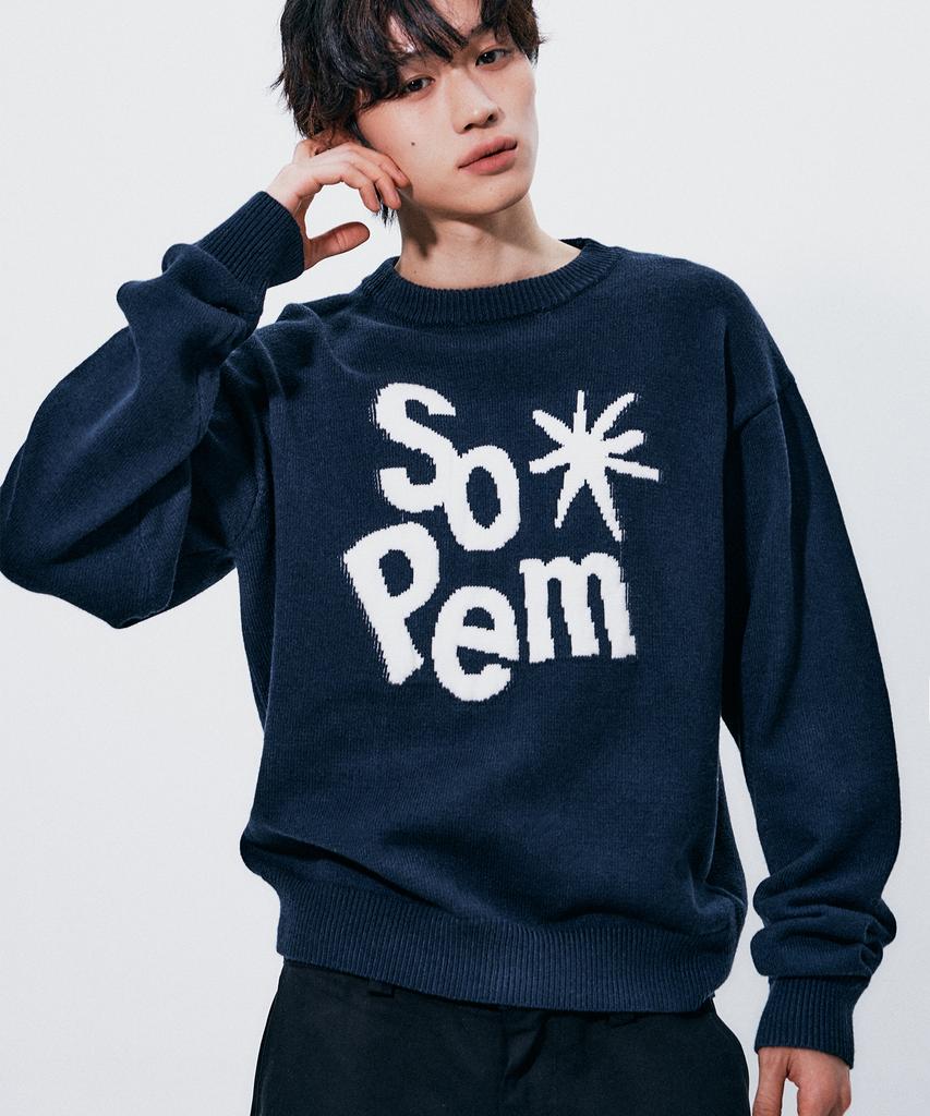 SOMEPLACE MAN Lettering Logo Contrast Round Neck Long Sleeve Oversized Knit Sweatshirt [Navy]