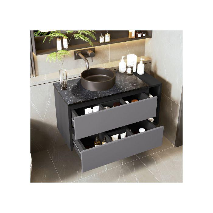 Meuble sous-vasque suspendu de 80 cm de large,avec vasque en céramique,avec tiroirs,design moderne,noir-gris