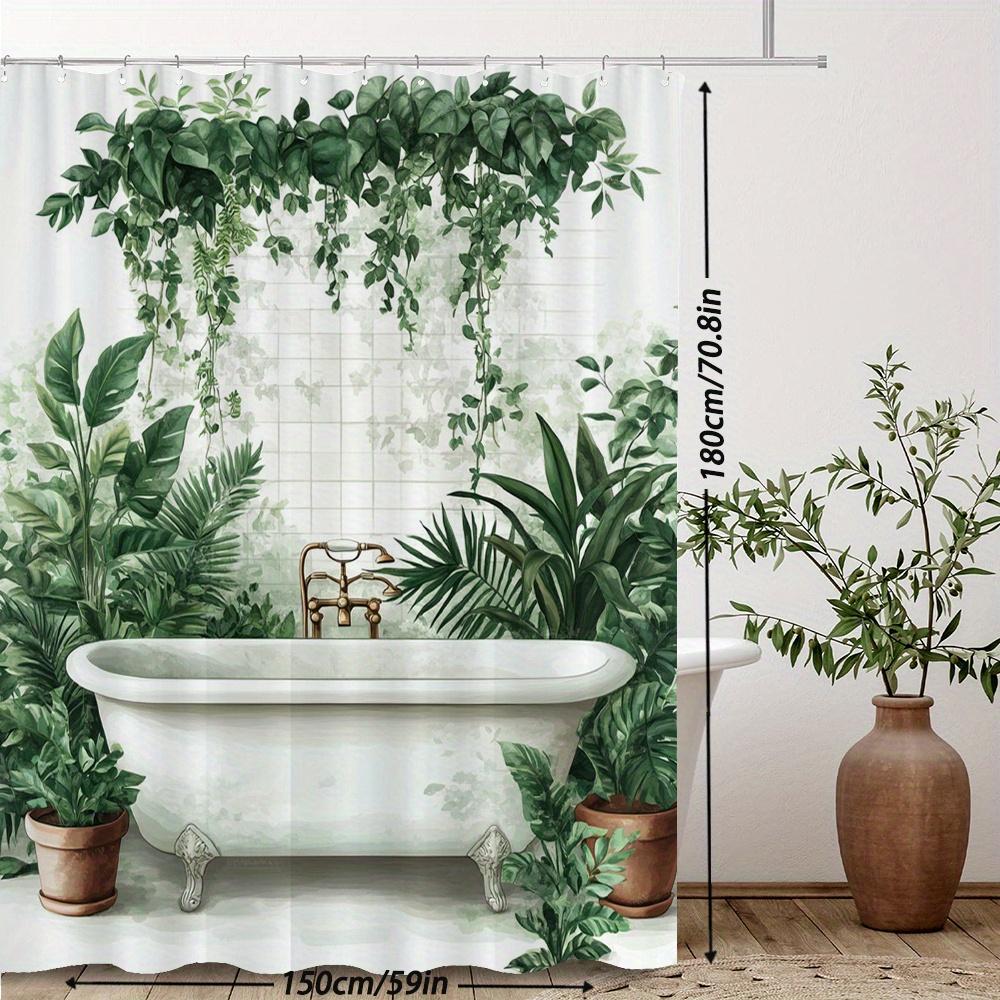 Botanical Spa Shower Curtain – Lush Green Plants & Vintage Tub Illustration Polyester Bath Decor Machine Washable, 12 Hooks