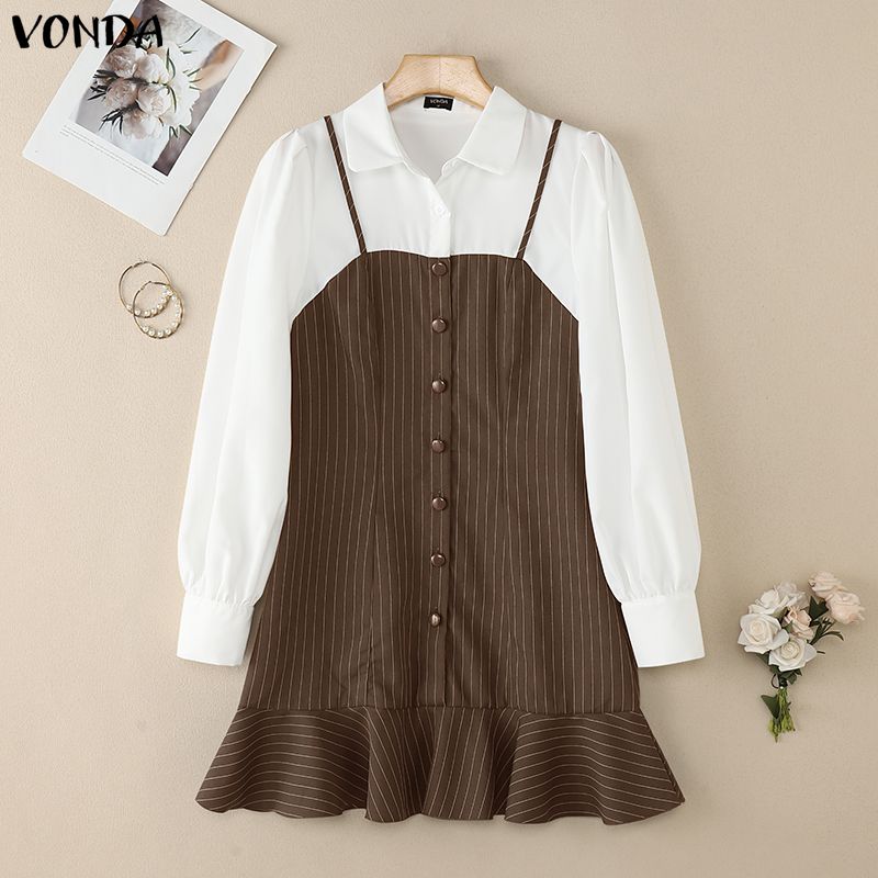 

VONDA Womens Fake Two Piece Patchwork Long Sleeve Striped Casual Dress 5XL коричневый
