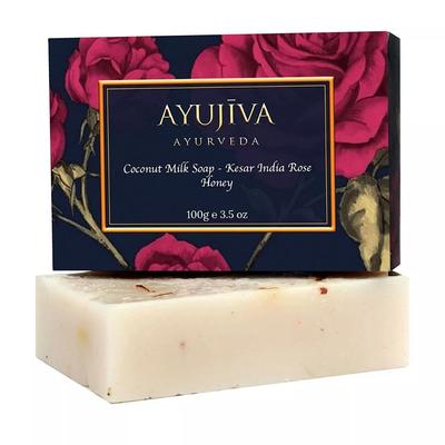 Soap with Coconut Milk, Saffron, Rose and Honey (100 G), Luxury Classic Coconut Milk Soap with Kesar, Indian Rose, Honey, Ayurveda