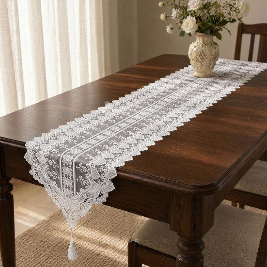 White Lace Table Runner, Embroidery Cotton Lace Fabric Table Cover, Vintage Floral Lace Table Runner for Tea Party Decor, Wedding Bridal Shower Baby