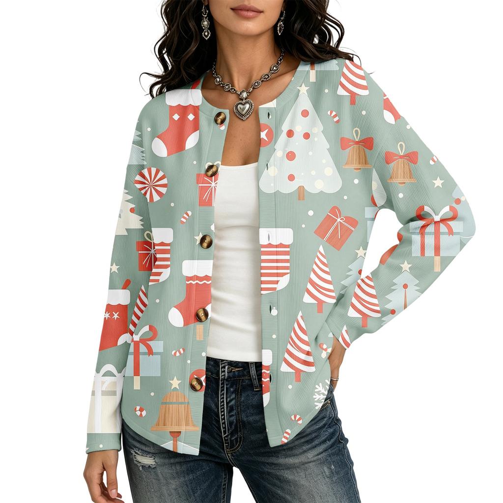 Cardigan Maglione Natalizio Stampato a Maniche Lunghe da Donna Cappotto Moda Invernale