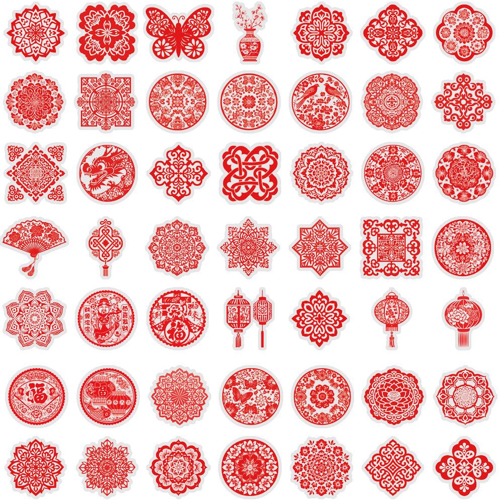 50PCS Chinese Spring Festival Window Stickers Graffiti Nostalgia Stationery Laptop DIY Scrapbook Luggage Personality Sticker