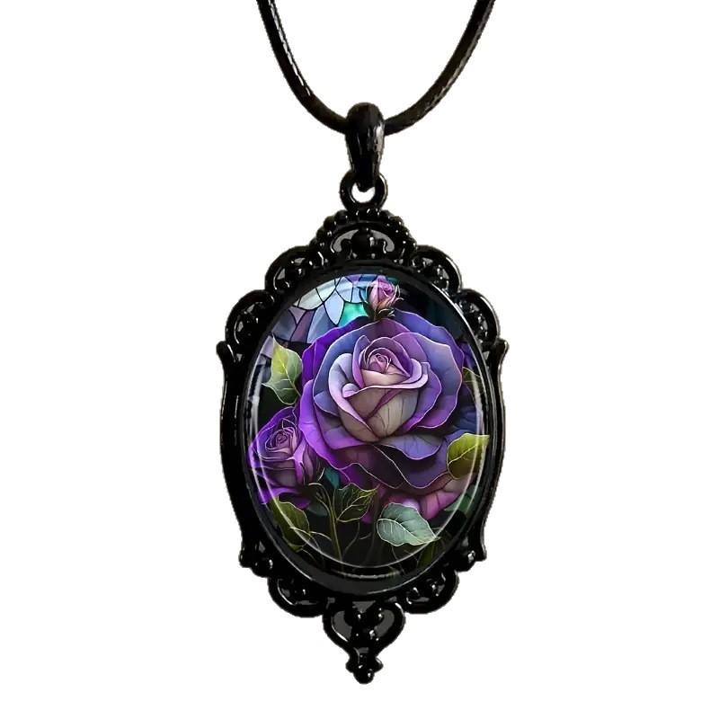 Dark Red Rose Exquisite Pattern Glass Pendant Necklace One Size фиолетовый