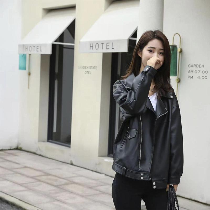 Herbst und Winter Neue Stil Lederjacke für Frauen Koreanischen Stil Kurze Feste Farbe Langarm Revers Pu Lederjacke für Frauen Casual