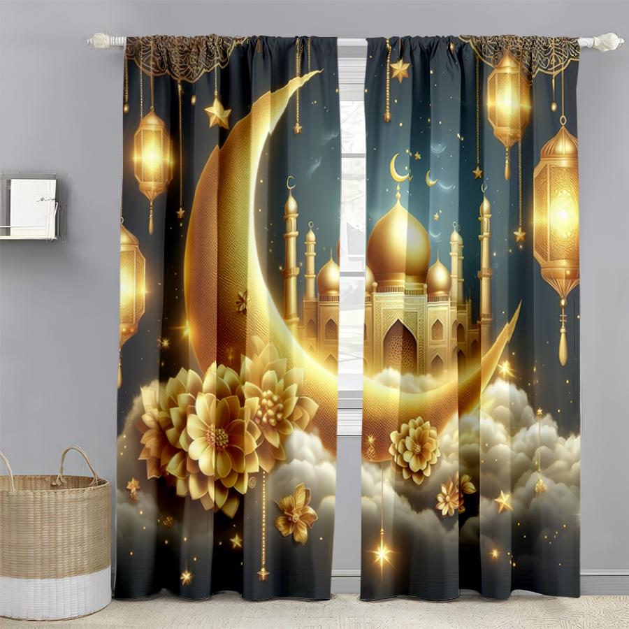 2PCS Gilded Islamic Theme Festival Curtains   Dreamy Luxury Style   Bedroom and Living Room   Drawbar Pocket Decoration