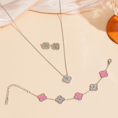 Titanium Staal Niet-vervagend Klavertje Vier Oorbellen Ketting en Armband Set Elegante en Luxe Sleutelbeenketting