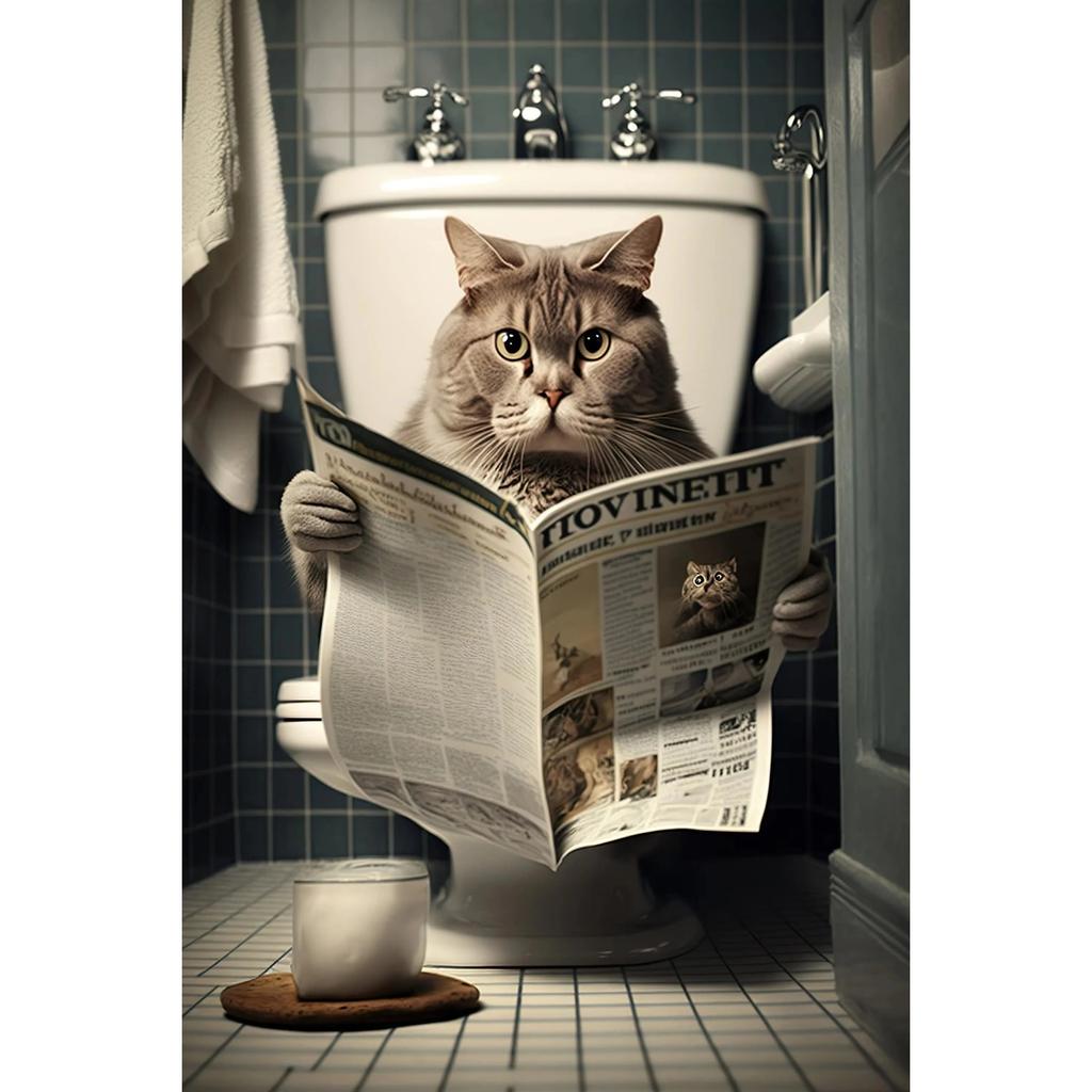 Funny Bathroom Humorous Animal Wall Canvas Paintings Decor Bear Dog Tiger Sitting On Toilet Reading Newspaper Poster Art Print