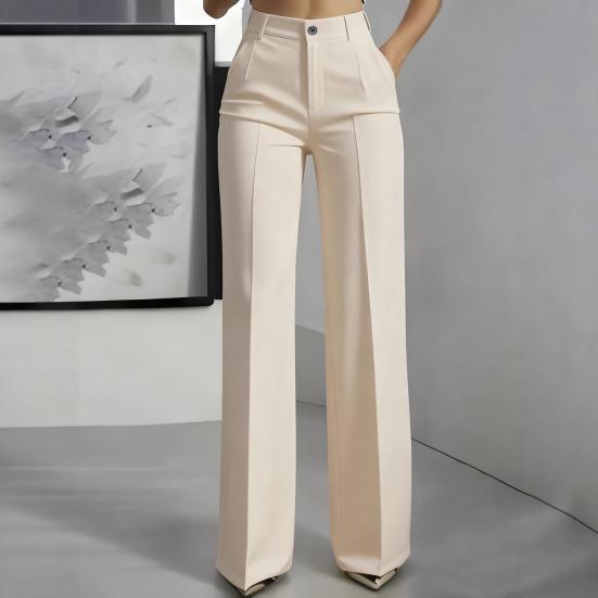 Women Suit Pants Button Zipper Trousers with Pockets Closure High Waist Long Solid Color Straight Wide