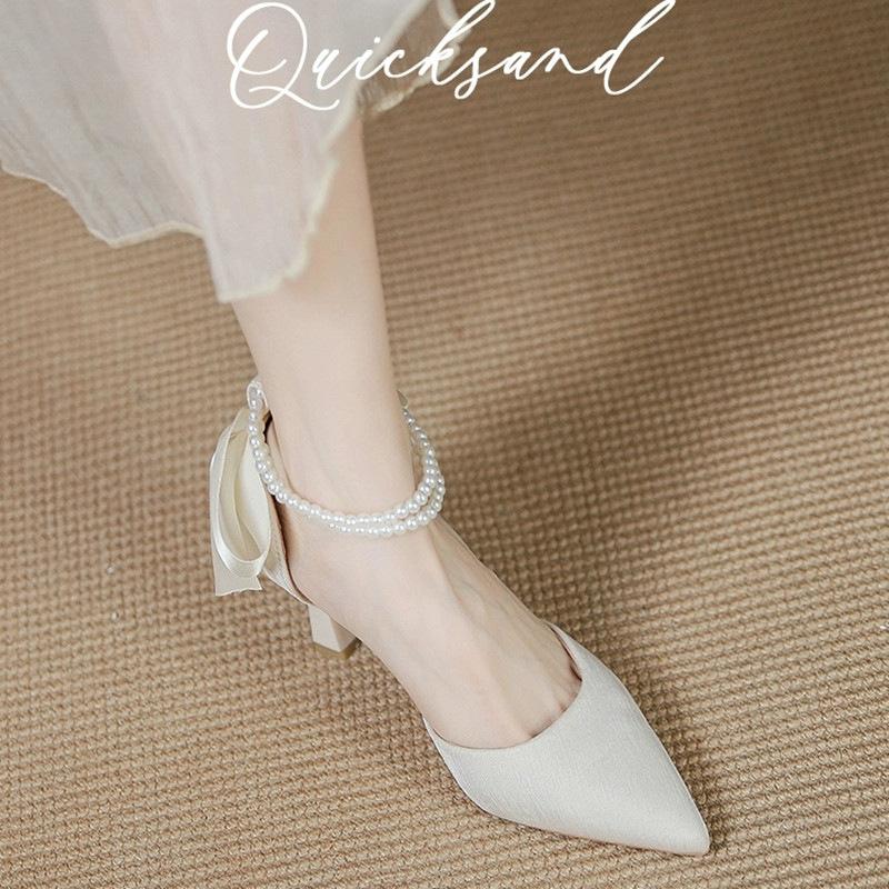 

Однословные босоножки на высоком каблуке весна и осень с острым носом на тонком каблуке с бантом, сандалии с жемчужной перфорацией, туфли для подружки невесты 40 абрикосовый