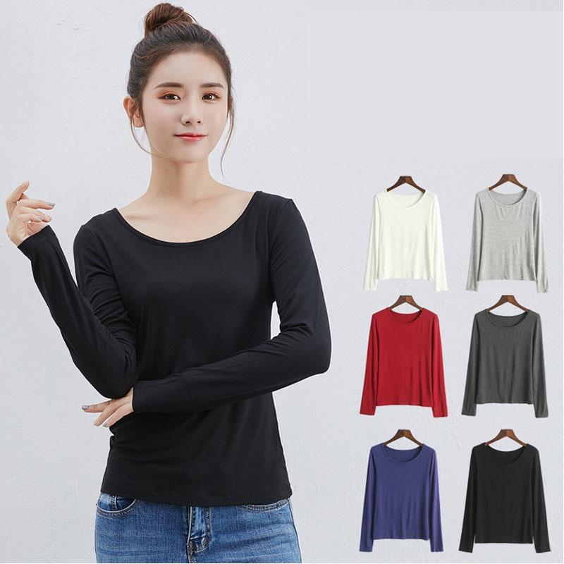 Klassisches Baumwollmischgewebe Damen Langarm Einfarbiges T-Shirt mit zeitlosem Reiz
