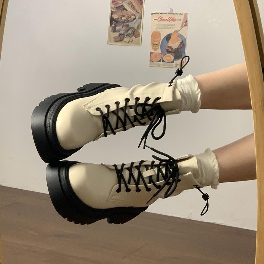 

Thick-soled single boots, white Spring and Autumn British style Martin boots, women s winter heightening short tube, new small man 40