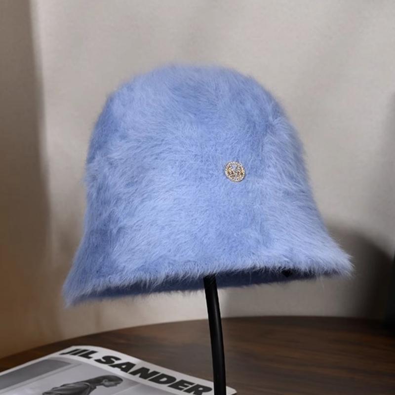 Korea Designer M Bucket Hat Woman Warm Plush Angola Rabbit Fur Hat Lady Autumn Winter Ins Fashion Basin Hat Retro Fluffy Panama