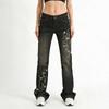 Vintage 2000er High Street Basic Hose Blumenstickerei Jeans Niedrige Leibhöhe Schlagjeans Damen Retro Y2k Baggy Denim Hose