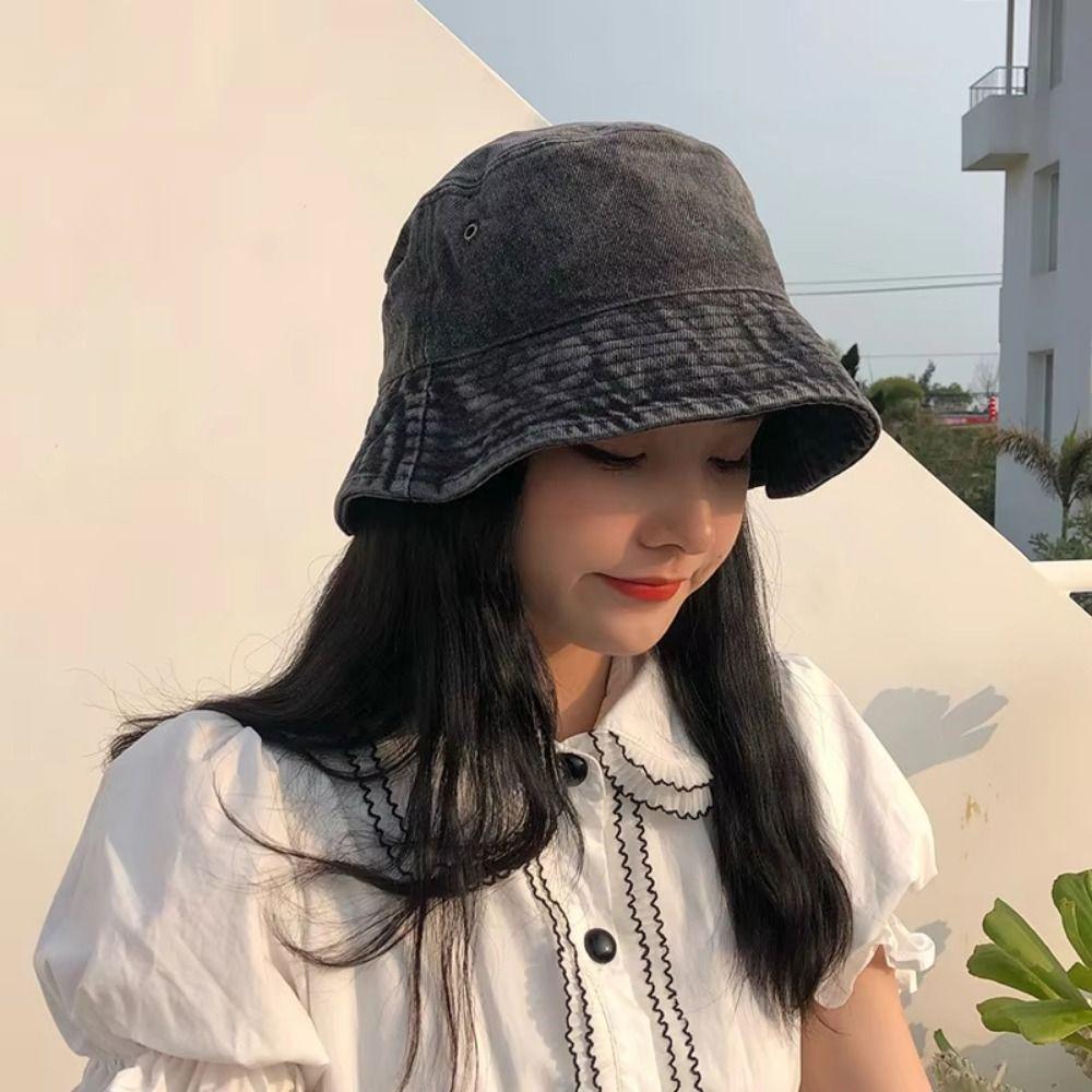 Solid Color Fisherman Hat Washed Denim Sun Hat Fashion Bucket Hat Summer