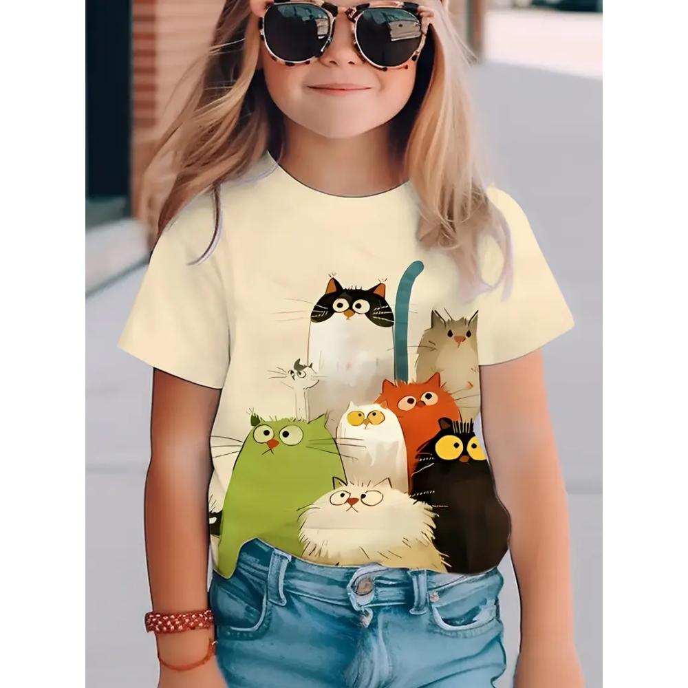 Kids Clothes 3D Print Graphic T Shirts Cute Cat Comforts Casual Tops Summer Short Sleeves Crew Neck Children Clothes Girl