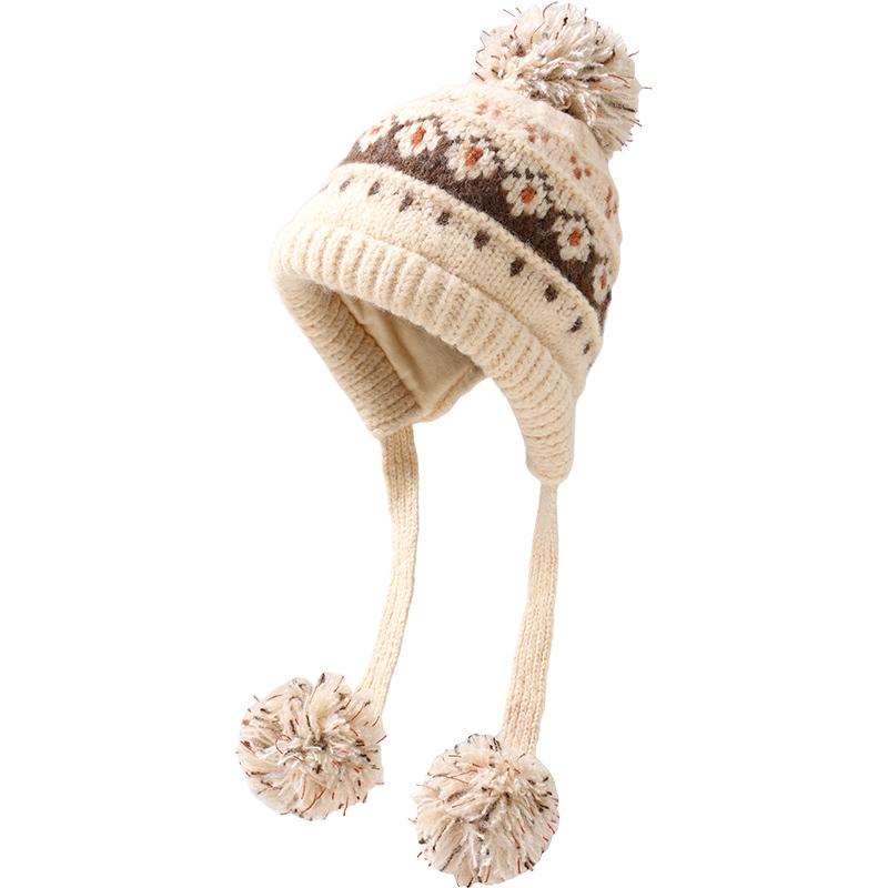 Women Casual Autumn Winter Thermal Cute Flower Pattern Windproof Knitted Warm Beanie Hat for Daily Use