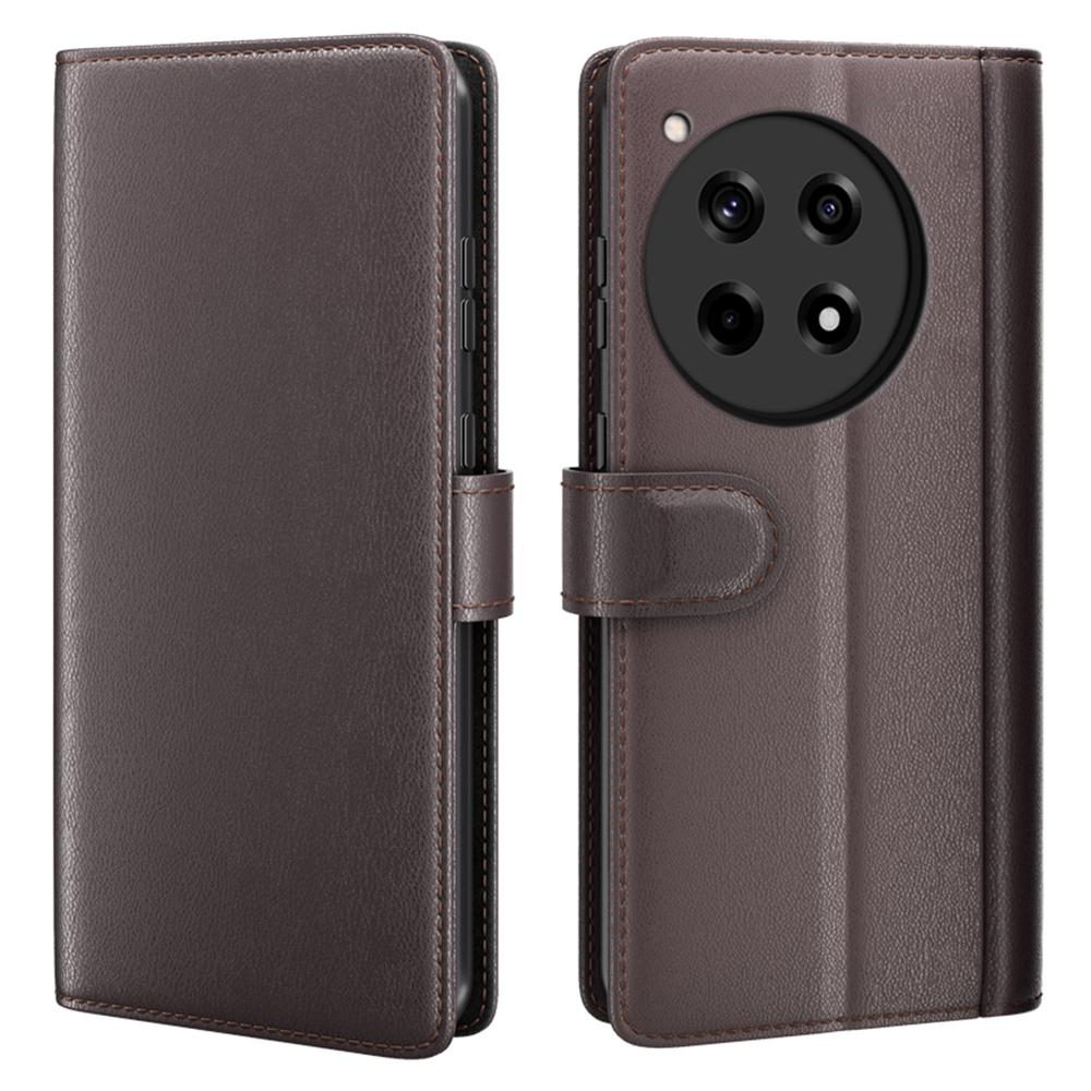 

For OnePlus 12R 5G/Ace 3 5G Case Genuine Split Leather Phone Cover with Wallet Stand Brown