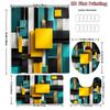 4Pcs Geometric Squares Shower Curtain Set with Non-Slip Bath Mat, Toilet Lid Cover, Contour Rug & 12 Hooks, Bathroom Decor