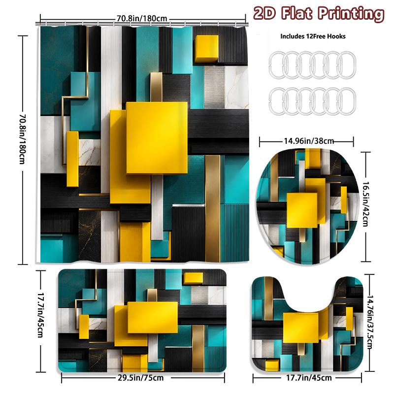 4Pcs Geometric Squares Shower Curtain Set with Non-Slip Bath Mat, Toilet Lid Cover, Contour Rug & 12 Hooks, Bathroom Decor