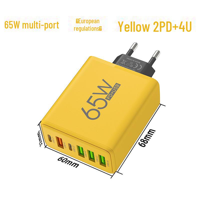 65W Fast Charging Charger 2PD + 4USB Multi-port for Huawei & Apple, EU/US/UK Standards