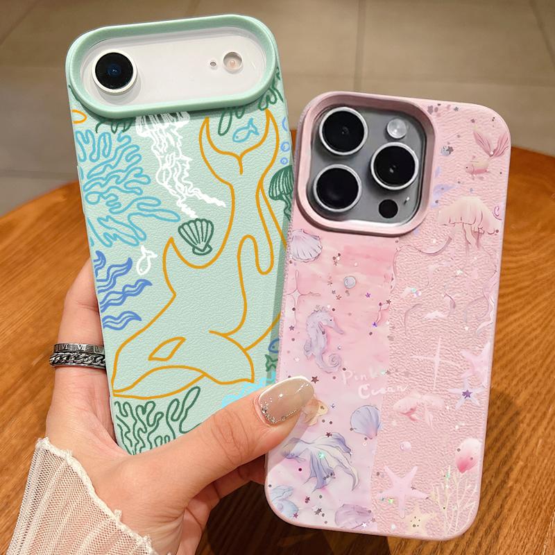 Trendy Ocean Style Whale Pattern Case For iPhone 17 16 Pro Max Luxury Leather Texture Matte Silicone Cover For iPhone 15 14 13 Pro Max 11 16e 17e