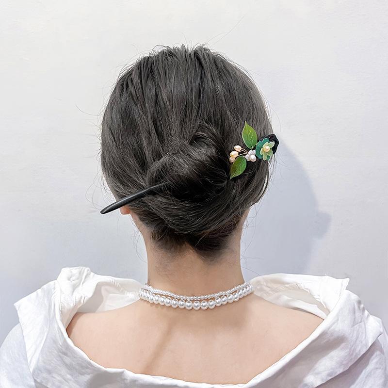Ebony Ancient Wind Hairpin Exquisite Disk Pull Hair Glazed Beads Flowers Tassel Step Shaking Hanfu Ancient Costume Hairpin Hair Accessory