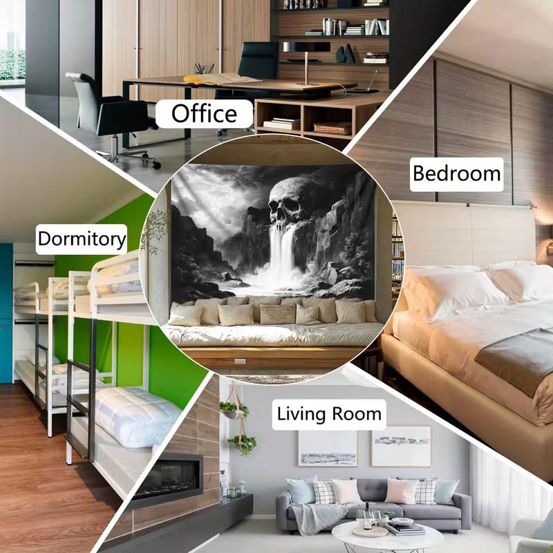 2D Black and White Skull Wall Tapestry Waterfall Background Cloth for Party & Home Decor