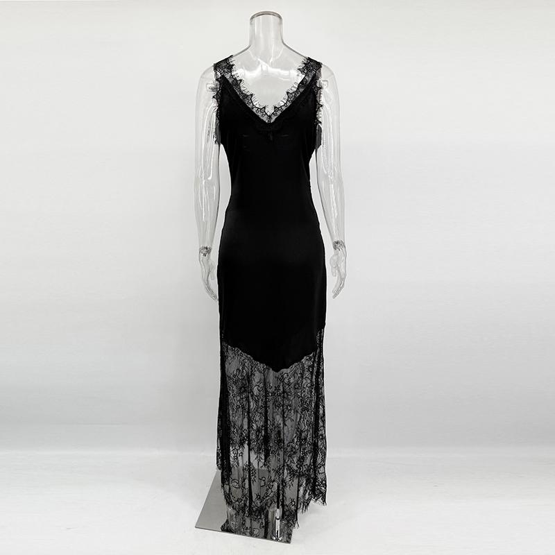 Elegante Spitze Lange Kleider Damen Satin V-Ausschnitt Spitze Patchwork Ärmellos Langes Kleid Locker Damen Abendkleider