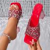 Fashion Gold Glitter Crystal Heel Sandals Women Thick High Heels Square Toe Slides Woman Slip On Transparent Pvc Gladiator Shoes Mules
