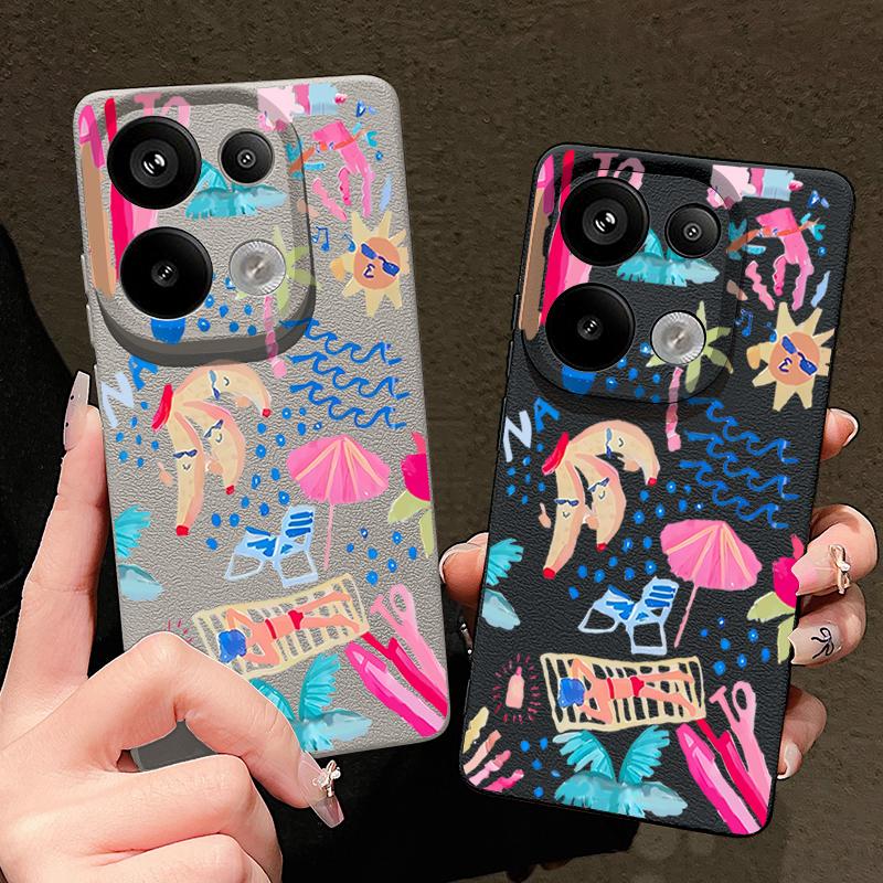 Kreslený pouzdro na malování na dovolenou pro Xiaomi Redmi Note 14 13 Pro 5G 4G 12 11 Funda Xiaomi 14T 13T 11T Pro Silikonový kryt s koženou texturou