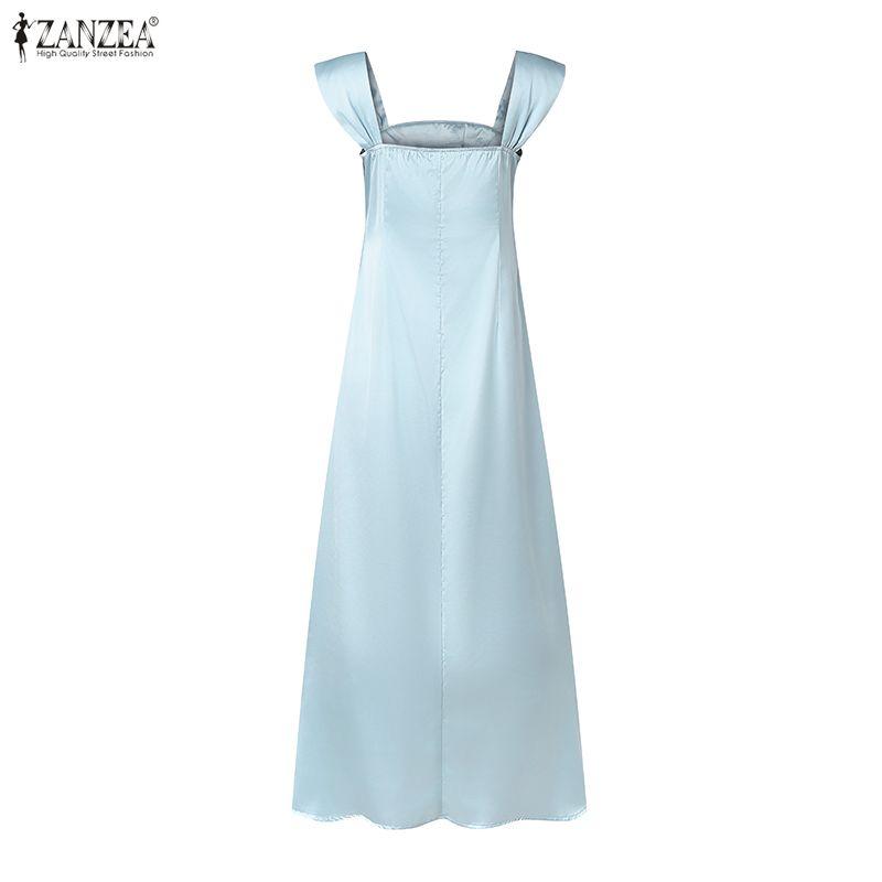 ZANZEA Women Elegant Mesh Splice Square Collar Summer Casual Sleeveless Long Dress