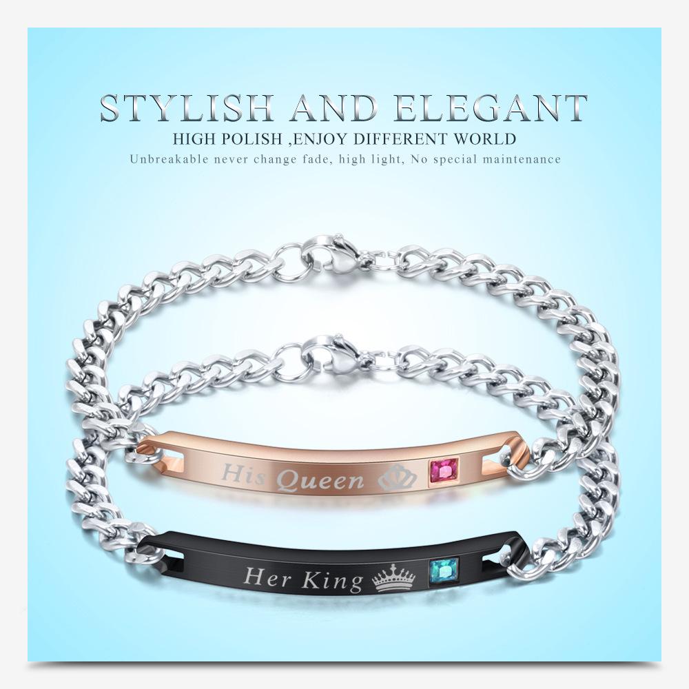 His Queen, Her King Stainless Steel Couple Bracelet with Diamond Inlay