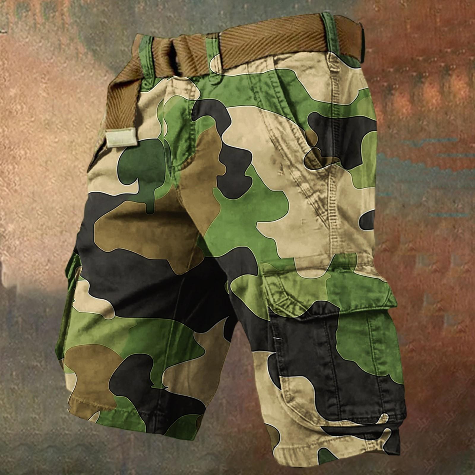 Herren Sommer Lockere Lässige Camouflage Arbeitsshorts, Übergröße Mehrfach-Taschen Mittellange Hose Ohne Gürtel XL dunkelgrüne