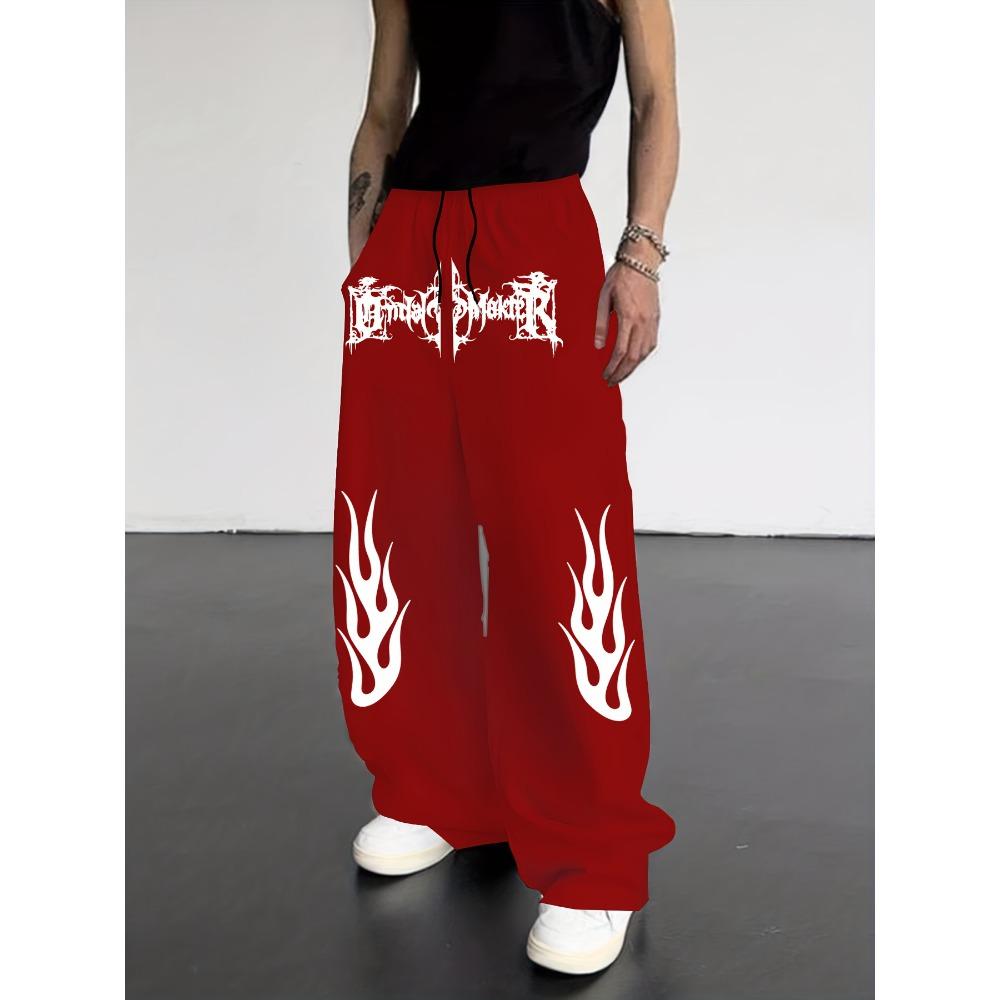 Spodnie Zimowe Streetwear z Nadrukiem Płomieni Szerokie Nogawki Męskie Ubrania Codzienne Siłownia i Luźne Spodnie Modny Styl Uliczny