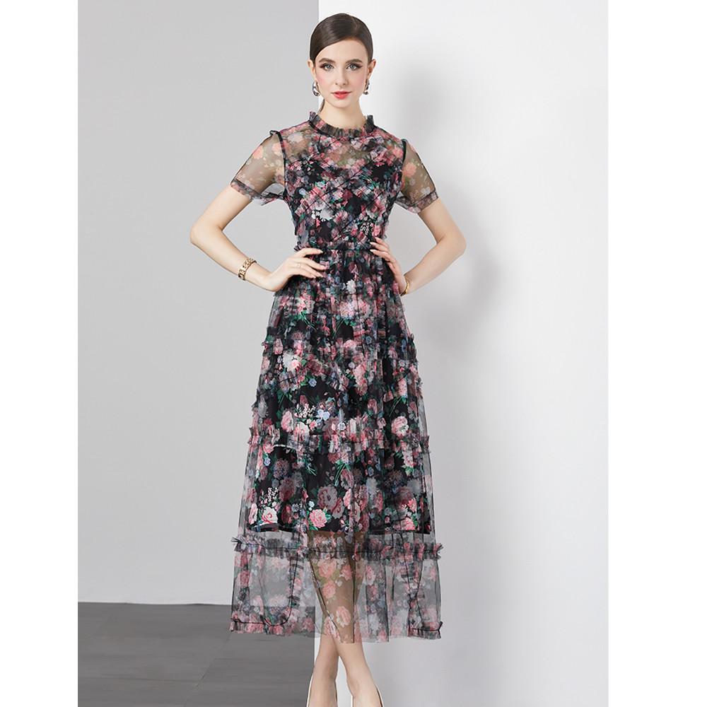 

Подиумное дизайнерское длинное платье-торт, женское, воротник-стойка, короткие рукава, оборки, сетка, плиссированное, выпускное платье, летнее бальное платье из тюля S чёрный