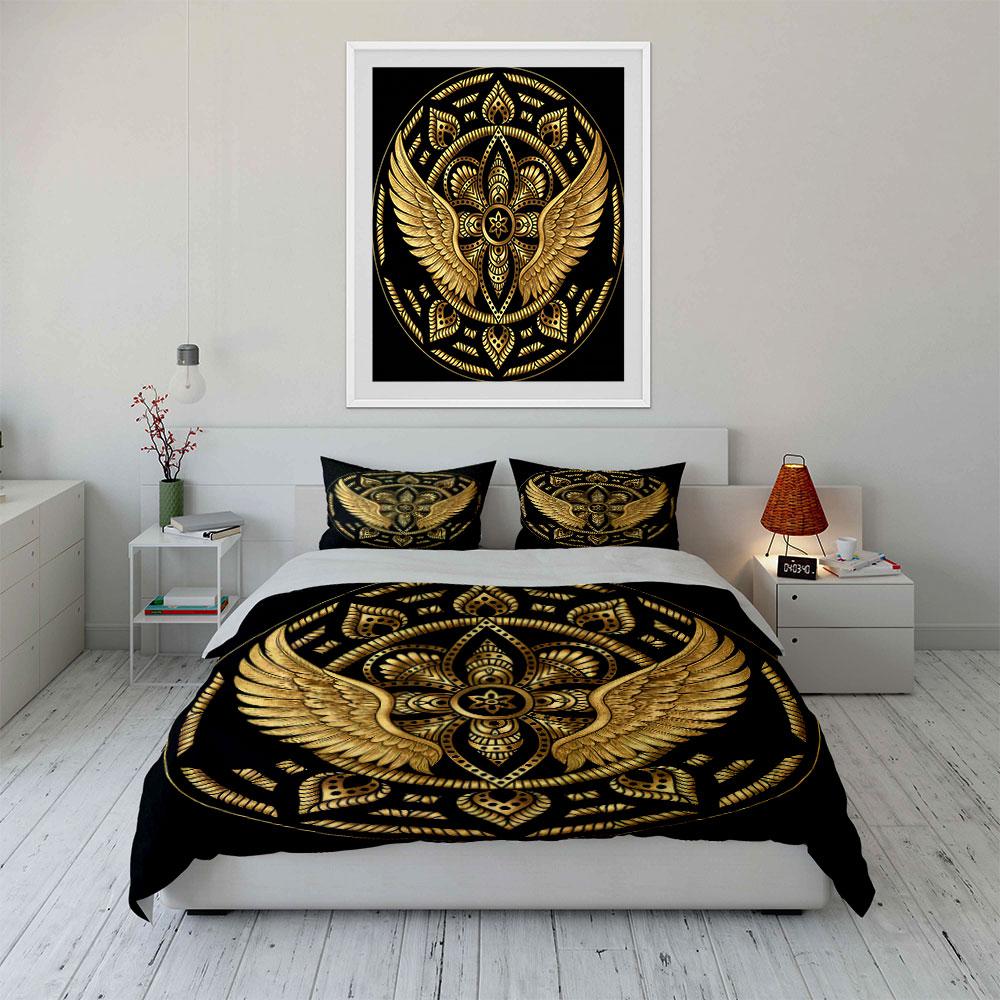 Golden Mandala Wings Decoration Set Soft Comfortable Duvet Cover Bedding Set Included 1*Duvet Cover & 2*Pillowcases, Gift