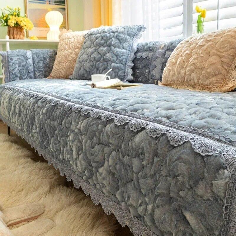 Solid Retro Rose Velvet Sofa Mat European Lace Trimmed Plush Sofa Cushion Leather Sofa Anti Slip Cover Dust Cover Cloth