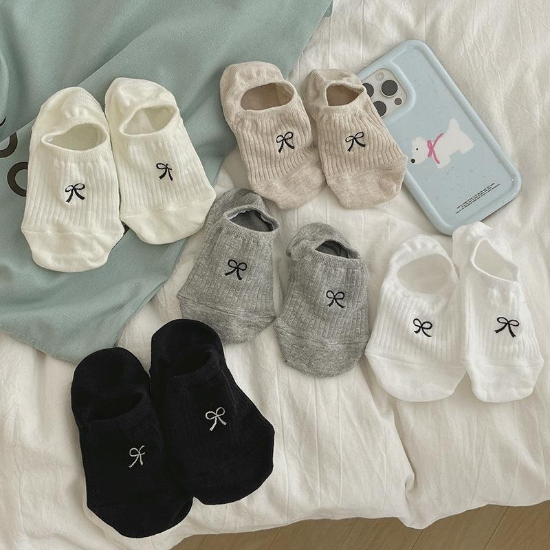 5/10 Pairs Women Fashion Invisible Sock Cute Bow Mesh No Show Socks Female Design Non Slip Breathable Low Cut Socks Slippers