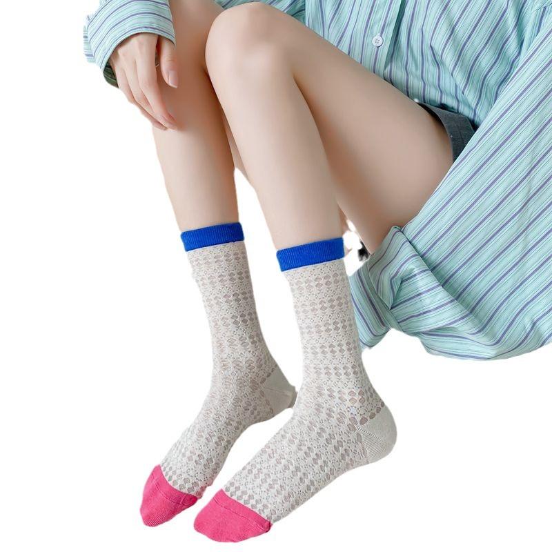 Xiaohongshu Same Summer Thin Mesh Breathable Cutout Socks Trendy Versatile Simple Contrasting Mid-Leg Socks