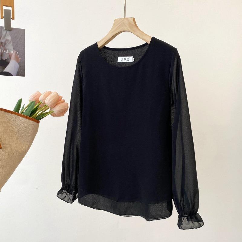Spring and Summer New Women's Round Neck Long-sleeved Bottoming Top Loose Thin Outer Chiffon Shirt