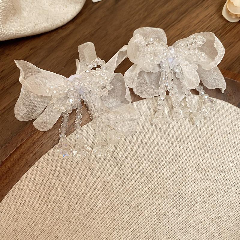 Silver Needle Fabric Flower Glass Fringed Earrings Medium Antique Temperament Stud Earrings Design Sense Niche Earrings