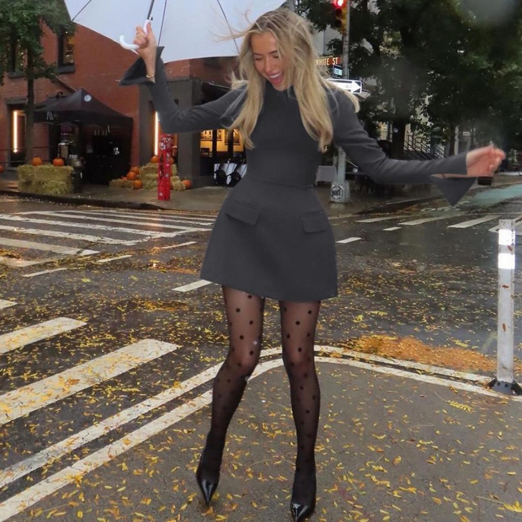 LYRIA Langermet Glidelås Bodycon Mini Kjole Med Lomme Ensfarget Elegant Antrekk Kontor Streetwear Dame Høst Vinter Klær